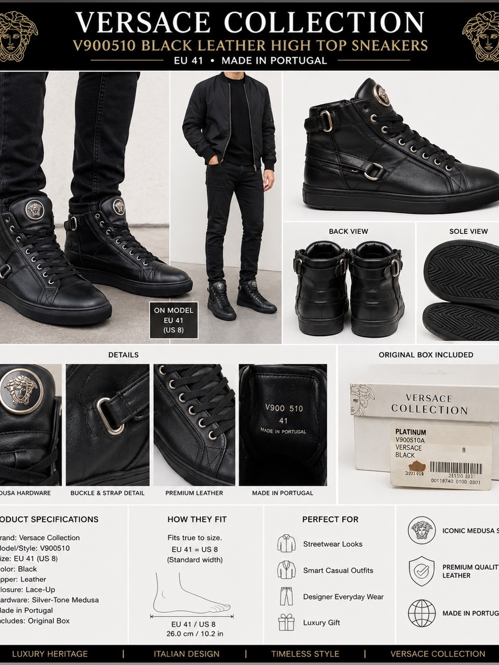 Versace Collection V900510 Black Leather High Top Sneakers EU 41 Medusa